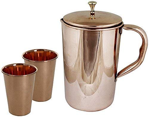 Cruche d'eau indien pour servir l'eau au quotidien, carafe inox et cuivre robuste de 1.6L