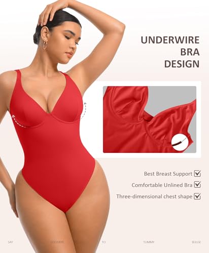 Image of FeelinGirl Bodysuits for Women Tummy Control Thong Shapewear Body Suit Sexy Deep V Neck Corset Tops for Women