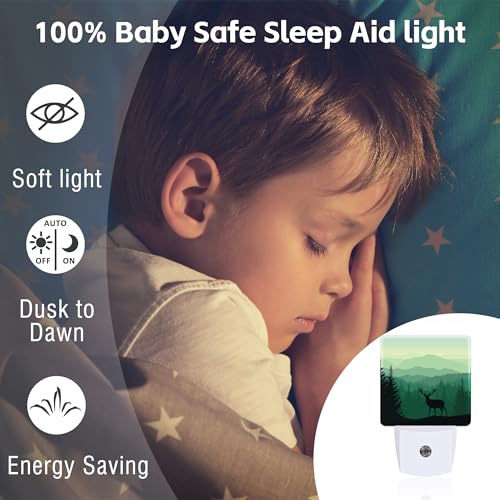 Image of Misty Forest Deer and Mountain Night Light for Kids,Natural Landscape Wild Animal Night Light Plug in with Dusk to Dawn Sensor,0.5w Energy Saving Nightlight for Hallway Stairway Kitchen Bedroom