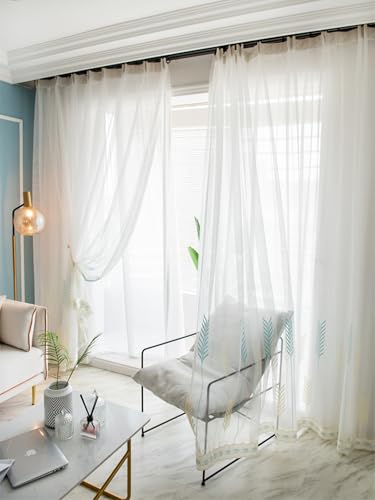 Voilage lot de 2 en gaze blanche brodée blé 200x210 cm avec oeillets pour chambre
