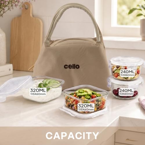 Image of CELLO Alba Glass Lunch Box with Bag for Office Use, Beige | 2 x 320ml Square + 2 x 240ml Round Microwave Safe Containers with Spoon & Fork, Fridge Safe Leak Proof Airtight Tiffin Box Set for Travel