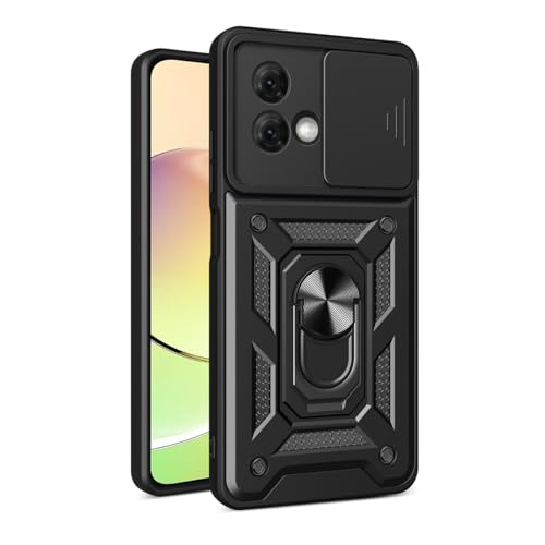 Image of Casodon Heavy Duty Back Case Cover for Moto G84 5G, Shockproof Moto G84 Back Cover, Ring Case with Kickstand and Camera Protection Shutter - Black