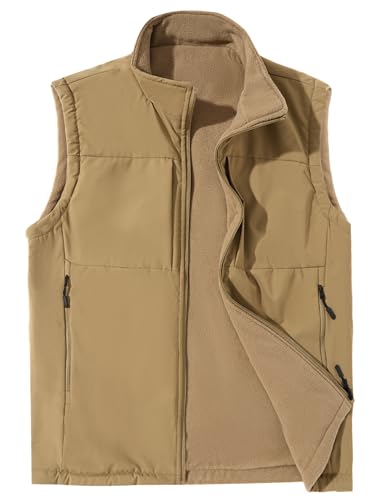 AIEOE Gilet for Men Winter Body Warmer Sleeveless Jacket Warm Fleece Outerwear Vest Multi-pockets for Sport Work Khaki Label Size 2XL/ UK Size L