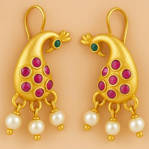 Image of VAMA FASHIONS 18K Gold Plated Anti Tarnish Half Moon Peacock Shape Traditional Maharashtrian Press on Bugadi Upper Ear Clip on Earrings For Women & Girls