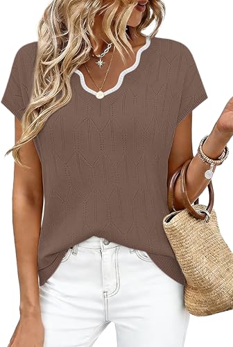 Image of WIHOLL Womens Summer Tops Cap Sleeve Sweater V Neck Shirts Beach Vacation Clothes Business Casual Fashion Clothing