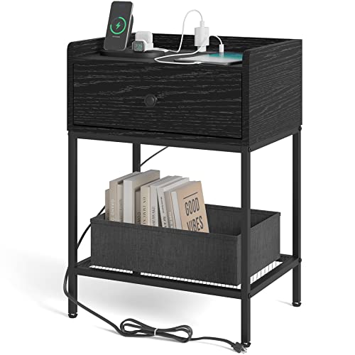 Y&M Nightstand with Charging Station and USB Ports, Side End Table with Drawer, Modern Bedside Tables Night Stand Storage Shelf for Small Spaces, Bedroom, Living Room - Black