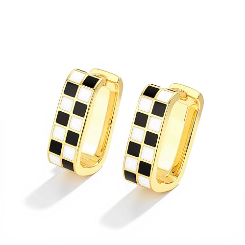 18K Gold Filled Checkered Earrings for Women, Dainty Checkered, Trendy Checker,Chunky Oval Huggie Hoop,Hypoallergenic Earrings with Gifts Box