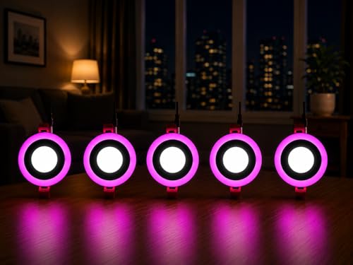 Image of OLIPS 6W (3+3) LED Ceiling Panel Down Light | Dual Color Change by On /Off Switch | Fan Box POP Decorative LED | White Center & Color Ring Design (Pink, 5)