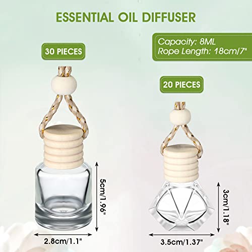 Image of Demissle 50 Pcs Hanging Car Air Freshener Car Diffuser Bottles Empty Glass Perfume Diffuser Bottles Pendant Bulk for Essential Oils Fragrance Aromatherapy Bottle Ornament(Cylindrical and Diamond)