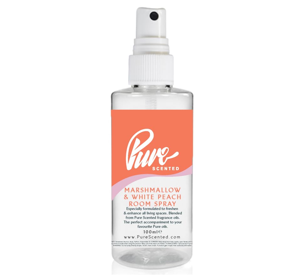 "Pure Scented 100ml Room & Fabric Sprays Suitable For Home, Car, Caravan, Work, Gym Bags, Odour Eliminators (1 x 100ml, Marshmallow & White Peach)"