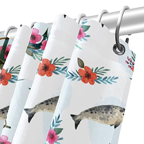 Rideau de douche imperméable poissons et fleurs avec crochets