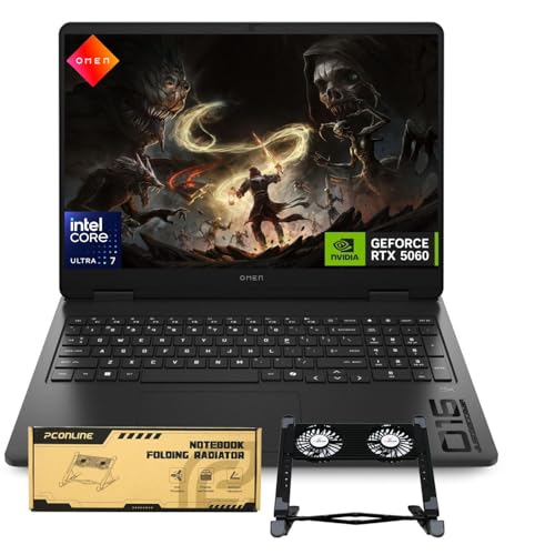 Image of HP OMEN 16 Slim RTX 5060 Gaming Laptop, 16 inch FHD+ 144Hz, Intel Ultra 7 255H (Beats Intel i7-14700), 32GB DDR5 RAM, 1TB SSD, RGB Backlit KB, Bundle with PCO Notebook Cooler, Black, Windows 11 Home
