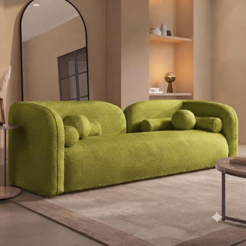 Image of CRAFTCITY Curved 3 Seater Cloud Sofa Upholstered 3 Seater Sofa for Living Room Bedroom Home Office Meeting Room Velvet Fabric Sofa (Lime Green)