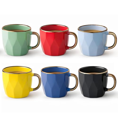 MundoTarros 6 Tazas de Cerámica con Borde Dorado de 220ml - Colores Vibrantes (Amarillo, Azul, Negro, Verde, Rojo, Azul Claro), Forma Redonda con Diamante - No Pierden Color