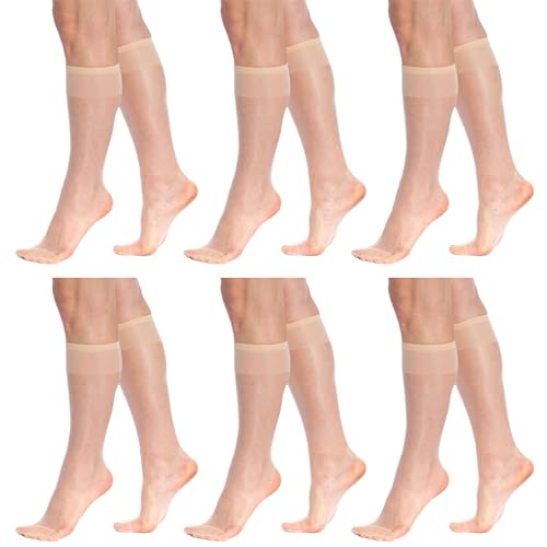 AWS/American Made 6 Pairs Sheer Knee High Socks for Women 15 Denier Stay up Band Stretchy Silk Socks