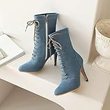 Lizoleor Ladies Pointed Toe Denim Fashion Stiletto Heel Booties Elegant Strappy Winter Fur Lining Ankle Boots Light-Blue/DL Size 8.5 UK/45 - Image 7