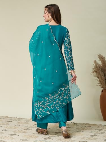 Image of MOKOSH Women's Silk Anarkali Kurta Pant with Dupatta | Anarkali Kurta Set | Embroidered | 3 Piece Outfit | Floral Ethnic Suit 4 Colour Options Available