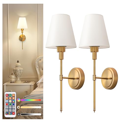 Image of DORESshop Battery Operated Wall Sconce Set of 2, Wall Light Wireless Easy to Install, Dimmable and Adjustable Sconces Wall Decor, Rechargeable Wall Lamp for Bedroom, Living Room, Gold 20.7in