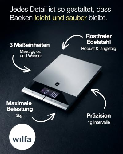 Foto von Wilfa GRAM STÅL Küchenwaage – digitale Waage aus rostfreiem Edelstahl – 1 Gramm Intervalle – 5kg Maximalbelastung, silber