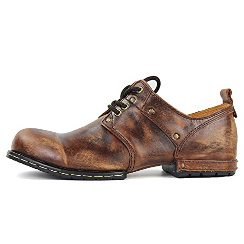 Image of OSSTONE Moto Boots for Men Fashion lace-up Leather Chukka Boots Casual Shoes OS-6015-1-RED-BROWN-R