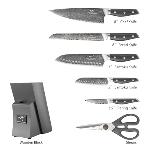 NANFANG BROTHERS Set di coltelli da cucina Damasco 7 pezzi con blocco, manico in ABS antiscivolo, set di coltelli in acciaio inox ultra affilati con blocco, coltello da chef, coltello da pane, ecc - immagine 4