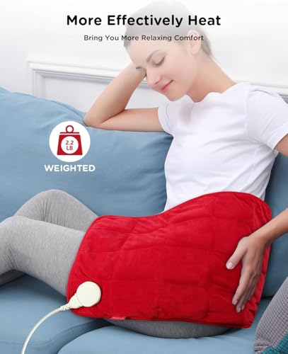 Image of Comfytemp Weighted Heating Pad for Period & Back, 2.2lb Extra Large Menstrual Heated Pad, 12 inch x 24 inch XL Electric Heat Pad with 9 Heat Level & 11 timers auto-Off for Neck Shoulder Leg Knee Abdomen, Red