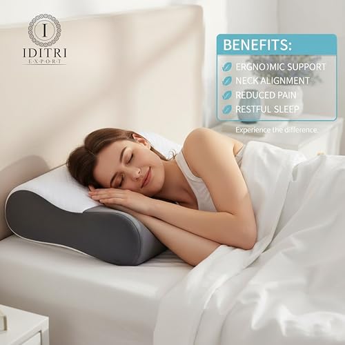 Image of Cervical Memory Foam Pillow Set of 2 with Inner Cover, Dual 9 cm 12 cm Heights for Neck Support, Breathable Jacquard Velvet Case, Grey, 60 x 35 cm