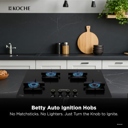 Image of KOCHE BETTY 4 Burner Built-In Gas Hob 80cm Auto Ignition | Hob /Cooktop Hybrid | High Power Brass Burners Gas Stove | Cast Iron Pan Support | Metal Knobs | Black Toughened Glass | 5 Years Warranty