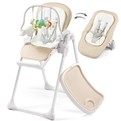 Image of Mallify Convertible Baby High Chair, 6 Height & 3 Recline Adjustable High Chairs for Babies and Toddlers, Foldable High Chair with 3 Detachable Toys, Built-in Rear Wheels, Removable Seat & Tray, Taupe