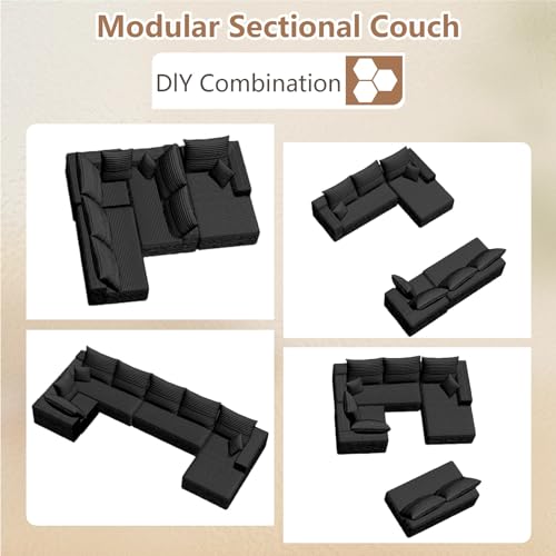 Image of Modern Modular Sectional Sofa, Big Comfy Corduroy Cloud Couch with Deep Seat, Boneless Couch Upholstered 6-Seater U-Shaped Sofa for Living Room, No Assembly Required (Black, Right-Facing Chaise)