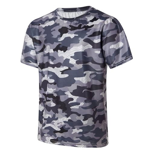 Lovekider Camouflage Tshirts for Boys Kids Size 9-10 Rash Guard UPF 50+ Dry Fit Athletic Tee Shirts 9-10 Years Boys Soccer Jerseys Gray