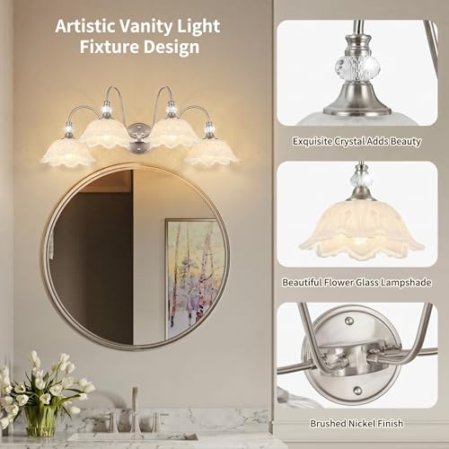 Image of Brushed Nickel Bathroom Vanity Light, 4-Light Vanity Light with Floral White Glass Shades, Brushed Nickel Wall Mount Lighting for Bathroom, Dressing Table