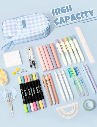 Image of SUNEE Cute Pencil Case, Aesthetic Pen Pouch, Colored Large Pencil Bag with Zipper, Kawaii Stationery Storage and Organizer, School Supplies for Teen and Adult Girls, Blue Checkered