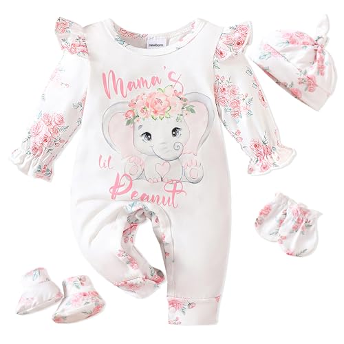 Image of COGRWBTLZH Newborn Baby Girl Outfits Elephant Print Romper Coming Home Ruffled Jumpsuit with Hat Mittens Booties（Elephant, Newborn）