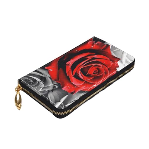 Black White And Red Roses Women Wallets Leather Zip Around Clutch Purses Waterproof Credit Card Holder With Phone Holder Ladies Travel Coin Purse3
