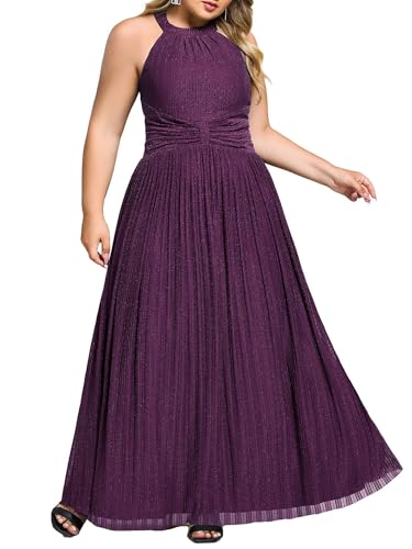 Image of Ever-Pretty Plus Women's Floor Length A-Line Halter Sleeveless Pleated Glitter Plus Size Formal Dress Evening Gown