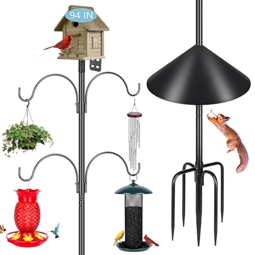 Gtongoko Smart Bird Feeder Pole Squirrel Proof 94 Inch with 4 Shepherds Hooks Hanging Bluebird House Pole for Outdoors Squirrel Baffles for Feeders Metal Heavy Duty Mounting Kit
