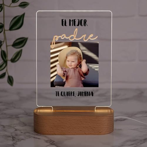 Wanapix | Lámpara 3D Personalizada con Foto | Regalo Día del Padre | Madera Natural | Incluye cable USB, No Necesita Pilas | Luz LED | El mejor Papá