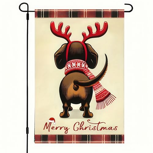 Image of BlissYard Dachshund Christmas Garden Flag 12x18 Inch Double Sided Merry Christmas Dog Garden Banner Holiday Yard Decoration Winter Xmas Decor for Porch Lawn Patio