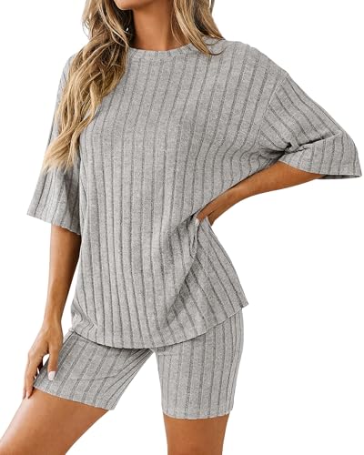 Image of KIRUNDO Short Sets For Women Summer 2 Piece Matching Lounge Sets Casual Rib Knit Tshirts Biker Shorts Beach Vacation Outfits