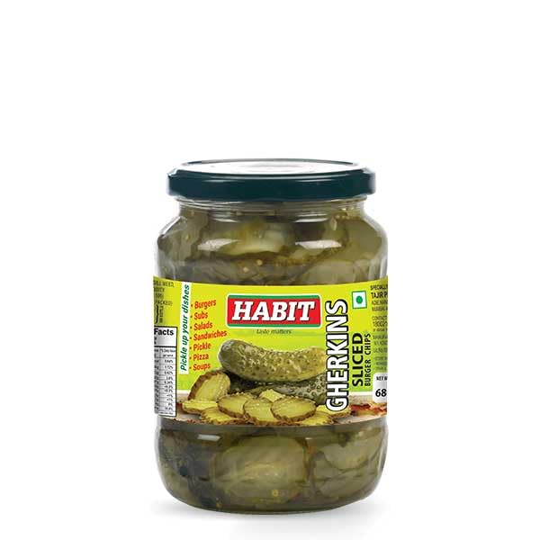 HABIT Sliced Gherkins - 680g x Pack of 4| Mildly Green, Sweet & Sour Flavor |Pickled gherkins sliced in brine | Perfect for Salads, Sandwiches, Burgers, Pizza & Pickles