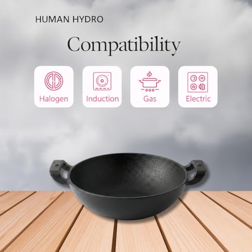 Image of Human Hydro Cast Iron Kadai /Kadhai 25cm (2.2L) Deep Wok | Naturally Non-Stick When Seasoned | Gas & Induction Compatible | Silicone Handles | Deliq Series