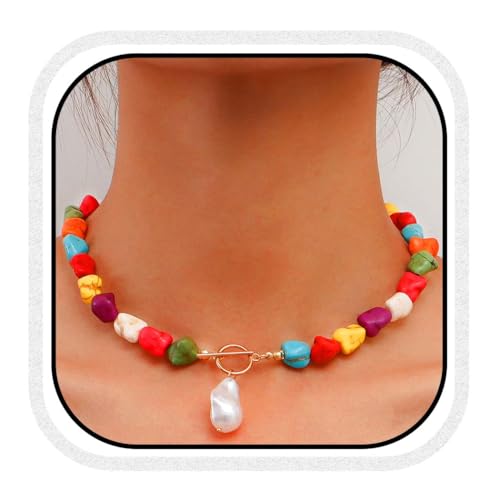 Fashband Collar bohemio con colgante de perlas de playa de color turquesa para mujer, Metal