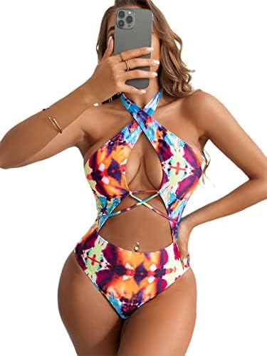 WDIRARA Women's Tie Dye Monokini Cut Out Criss Cross One Piece Halter Swimsuit Multicolored M