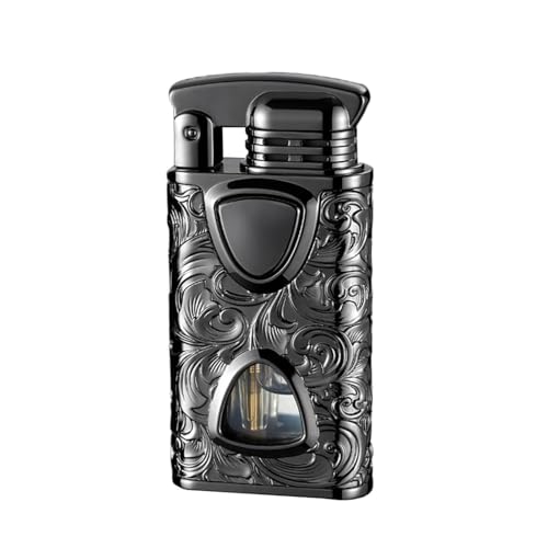 Encendedor de ventana con patrón dorado de lujo ligero: tanque de aceite transparente, cuerpo de metal antideslizante, encendido abatible, encendedores de cigarrillos portátiles duales(Black1)