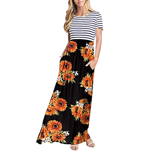 Sunnywill Women Skirt, Deals! Women's Striped Short Sleeve Floral Print Summer High Waist Pockets Maxi Dress Womens Elegant Slim Fit Formal Dress Evening Party Dress Black