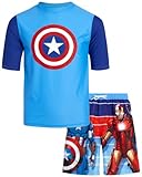Marvel Avengers Boys' Rash Guard Set - Spider-Man Captain America Hulk Black Panther UPF 50+ Swim Shirt & Trunks Set (2T-12), Size 8, Sky Blue Avengers Assemble