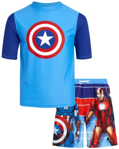 Marvel Boys' Avengers Rash Guard Set - Captain America, Iron Man Swim Shirt and Trunks (2T-12), Size 5-6, Sky Blue Avengers Assemble