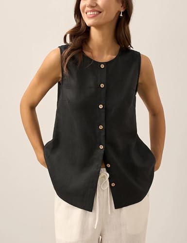 Tanming Womens Cotton Linen Suit Vest Summer Casual Sleeveless Button Down Tank Tops Fashion Work Waistcoat3