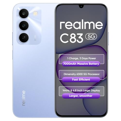 Image of realme C83 5G Smartphone 4+64GB, 6.8-Inch Screen, 144HZ Ultra Bright Display, 7000mAh Battery, Rear 13MP+Front 5MP Camera, MediaTek Dimensity 6300, IP64, Purple